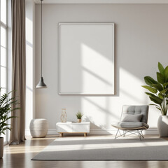 a large white picture frame hanging on the wall, a gray chair, a white ottoman, a white coffee table, and two potted plants. Cozy modern living room with photo frame design