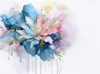 Fototapeta premium Abstract floral artwork. Soft pastel colors of pink, blue, and gold blend into a dreamy, flowing composition against a light background. Dripping paint adds texture.