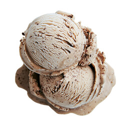 Two scoops coffee ice cream melting, close-up studio shot