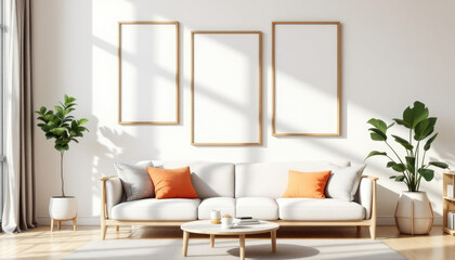 a white sofa with orange throw pillows, a coffee table, and three empty picture frames on the wall above the sofa. Cozy modern living room with photo frame design