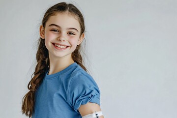 happy, smiling young teenage girl with healthy, glowing skin, wearing a blue t-shirt and jeans