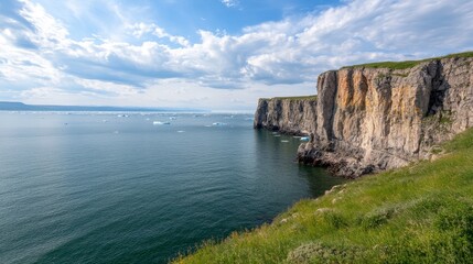 Dramatic Arctic Coastline with Icebergs, Sunny Sky, and Coastal Cliffs, ideal for travel brochures