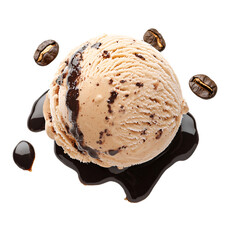 Coffee ice cream scoop, chocolate sauce, beans, studio shot, dessert menu