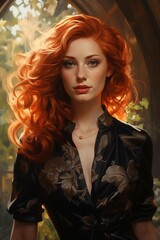 Fototapeta premium A hyper realistic woman with short red hair, eyes golden. Sun rays shinning through a window of the room 