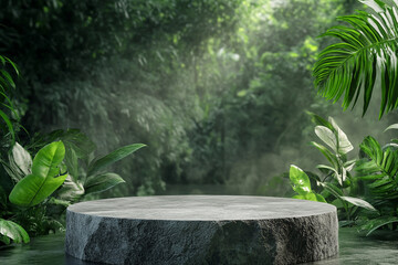 A circular stone platform is surrounded by lush, dense tropical foliage with various green leaves and some pink flowers, set in a misty, jungle-like environment.