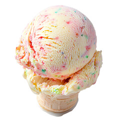 Colorful ice cream scoop in cone, sprinkles, studio