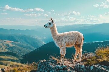 Naklejka premium Llama standing on rocky peak against a vast mountain range under a bright sky with clouds