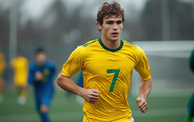Young Soccer Player Runs Across the Field, Determined and Focused. A Glimpse of Athleticism.