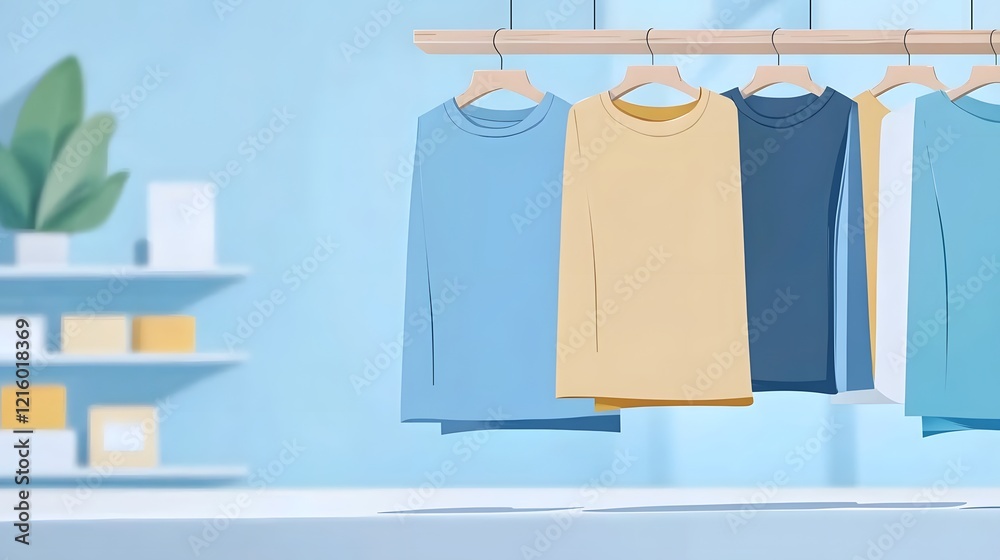Poster A minimalist display of neatly arranged clothing and apparel items in a modern collaborative workspace environment showcasing a clean and organized interior design