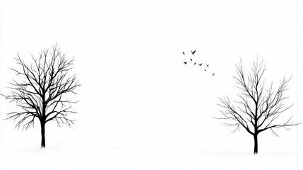 Winter Trees Silhouette Birds Flying Away White Background