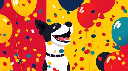 Naklejka premium Festive dog with balloons and confetti in vibrant colors a joyful celebration scene