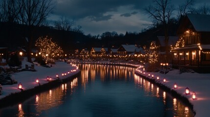 Winter Village Night Lights Canal Reflection Snow