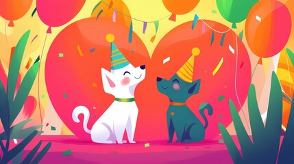 Naklejka premium Two cartoon dogs wearing party hats celebrating with balloons and confetti in a bright setting