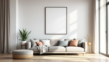 a large white couch with multiple pillows, a gray ottoman, a potted plant, and a large blank picture frame on the wall. Cozy modern living room with photo frame design