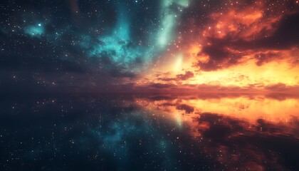 Fototapeta premium A breathtaking scene blending vibrant auroras and tranquil reflections