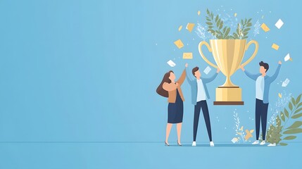 Obraz premium Successful Business Professionals Lifting a Trophy Together Celebrating Their Collective Effort and Achievements Reaching an Important Milestone or Goal as a Team