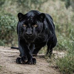 a majestic black panther stalking its prey through a lush green forest
