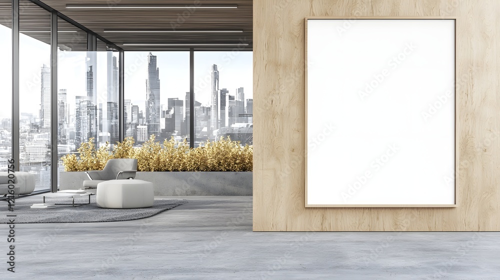 Poster minimalist blank poster mockup displayed on a wooden panel in a contemporary office space with large