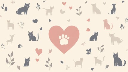 Cute cats and hearts pattern on a light background with leaves and a paw print in the center