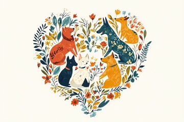 Five colorful dogs surrounded by floral elements inside a heart shape on a white background