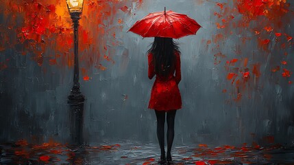 Woman, red dress, red umbrella, autumn rain, city street, art
