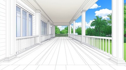 Fototapeta premium Wireframe Design of Spacious Porch with Lush Tropical Views