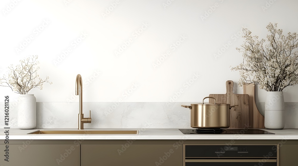 Poster minimalist kitchen design with golden sink tap and modern stove featuring empty space for decor and 