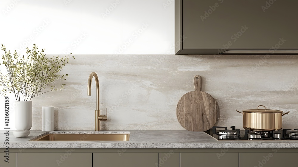 Aufkleber minimalist kitchen design with golden sink tap and modern stove featuring functional elegance and em
