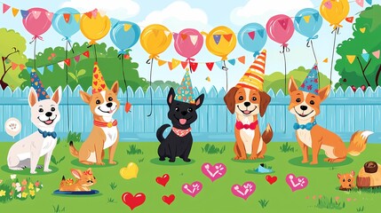 Obraz premium Five happy dogs celebrate with balloons and party hats in a bright garden setting