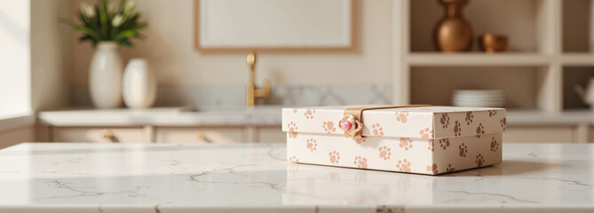 Pet funeral box with paw prints on marble countertop