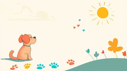 Cartoon puppy sitting outdoors under a sunny sky with paw prints and hearts in a playful style
