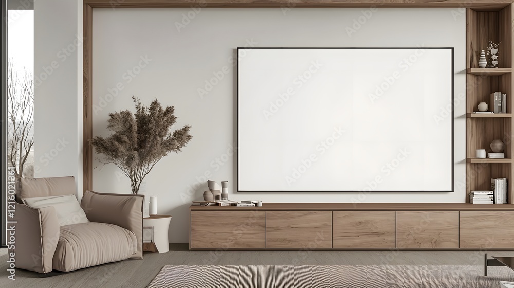 Poster clean minimalist modern interior with an elegant wooden cabinet set against a neutral blank wall pro