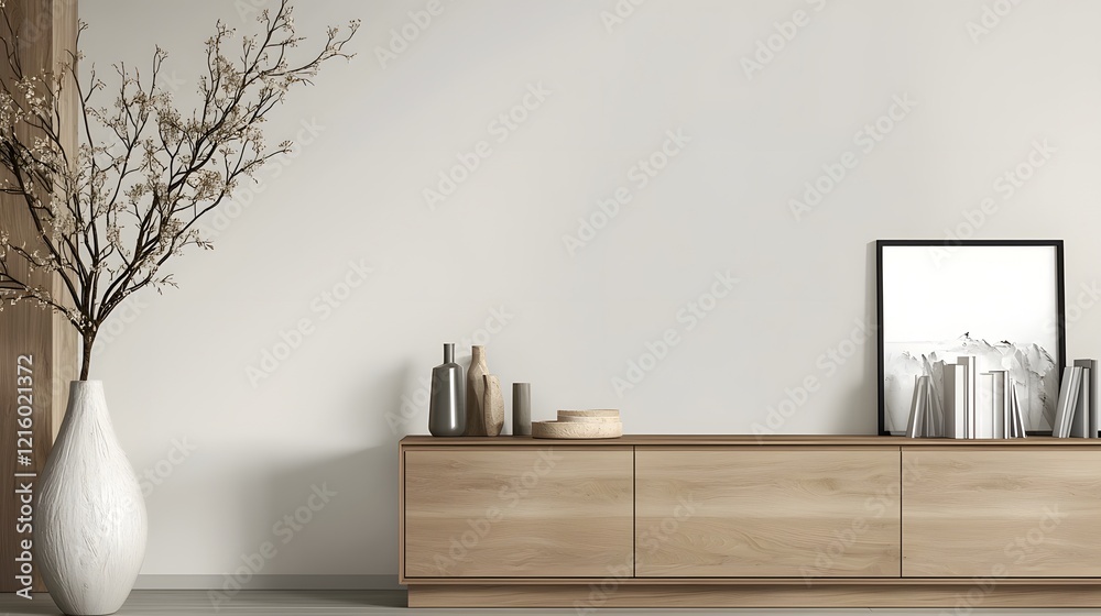 Aufkleber clean and minimalist modern interior design with an elegant wooden cabinet set against a neutral bla
