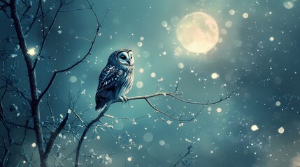 Owl perched on a branch under a full moon with bokeh lights in a winter night scene
