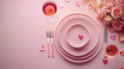 Sweet rendezvous: Top view of Valentine's Day setting with plates, cutlery, hearts, candle, roses, wine, and glass on pastel pink background with advert zone.