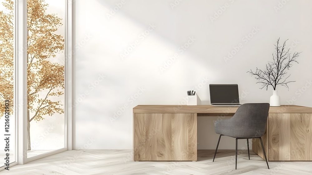 Poster Elegant and Minimalist Office Space with a Wooden Desk and Blank Wall Offering a Clutter Free and Professional Environment for Focused Work and Productivity