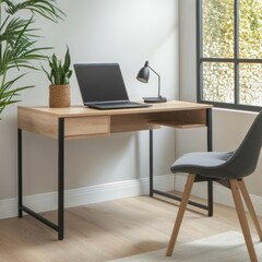 Modern Light Oak Computer Desk with Black Metal Legs