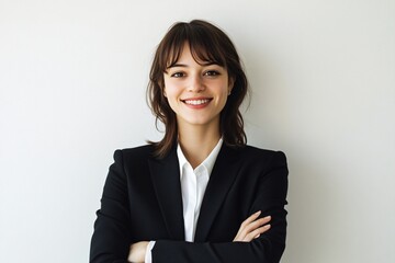Photo of a young businesswoman in a suit, smiling with crossed arms, isolated on a white background