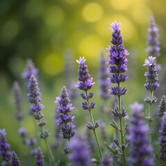 Naklejka premium Blooming lavender flowers in a field with a peaceful, tranquil background of green and yellow bokeh, eliciting the beauty of nature 
