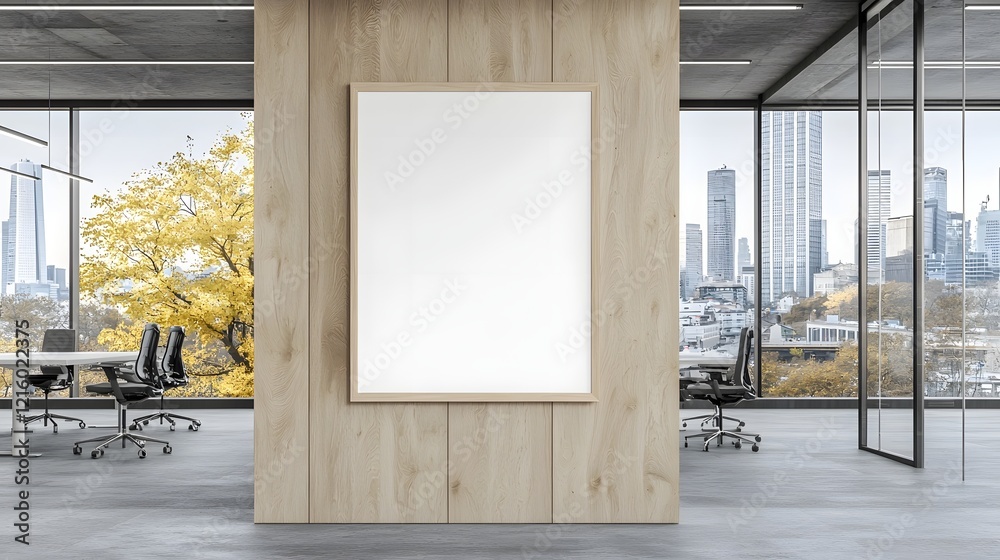 Aufkleber 3d rendering of a blank poster frame mounted on a stylish wooden wall in a modern office space overl
