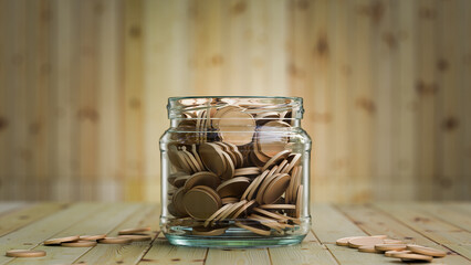Money saving concept. Coins in a glass jar on a rustic wooden table symbolizing savings and financial growth. A donation jar filled with coins. Money jar. Concept of savings and investment. 3d render.