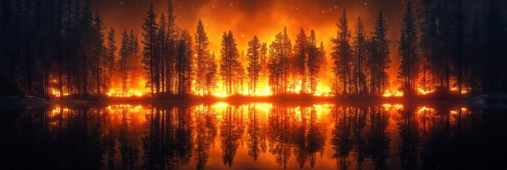 Naklejka premium A dramatic scene of a forest fire, with flames reflected in a nearby body of water, casting an eerie glow against the darkening sky.