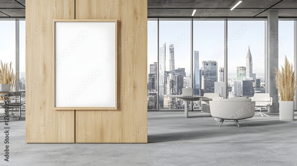 Poster stylish wooden wall with empty poster frame in high rise office with expansive city views through mo