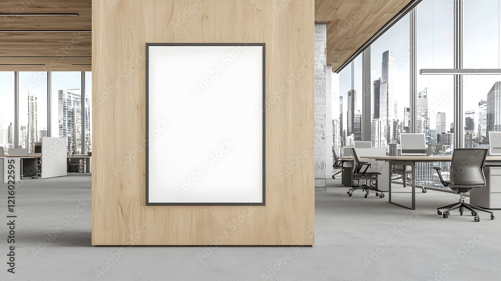 Poster minimalist wooden office interior wall with empty poster frame mockup display and large windows prov