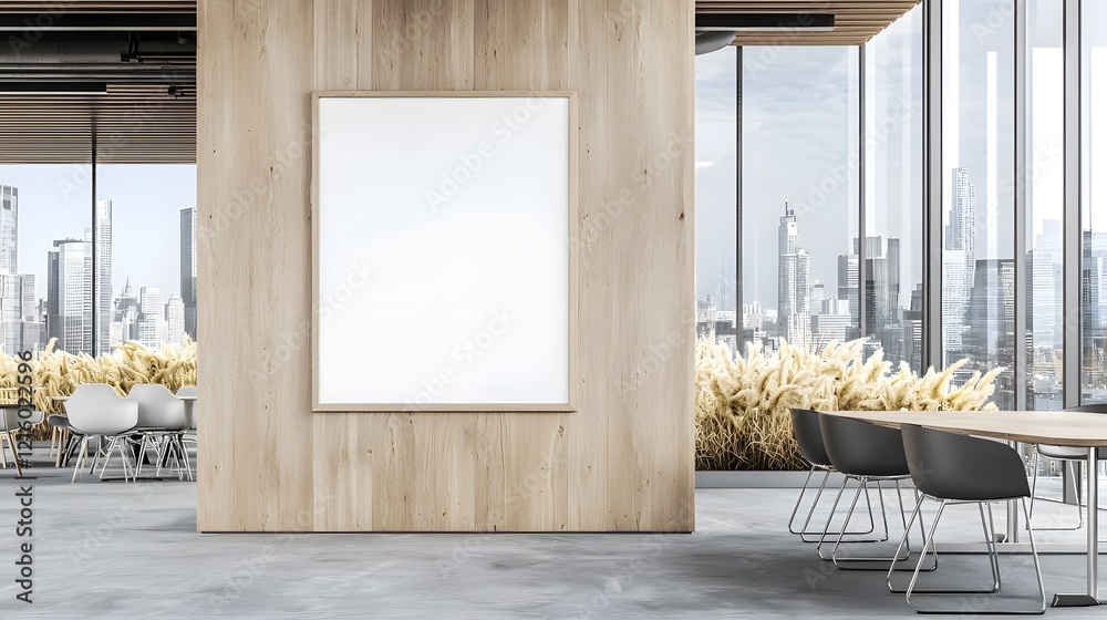 Poster stylish and modern contemporary workspace with wooden feature wall showcasing a blank poster frame a