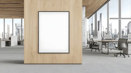 Minimalist wooden office interior wall with empty poster frame mockup display and large windows providing a stunning metropolitan city skyline view in the background