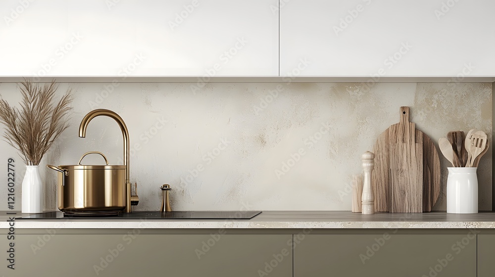 Poster elegant and minimalist contemporary kitchen design with gleaming golden faucet and sleek cooking sto
