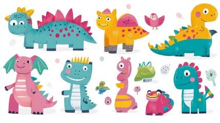 Obraz premium Collection of Adorable Cartoon Dinosaurs and Birds on White Background