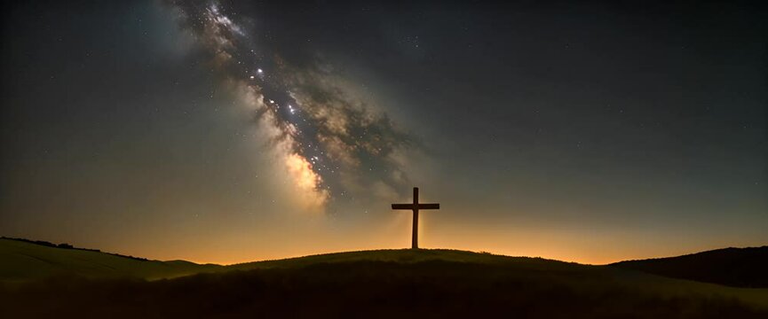 A solitary wooden cross stands on a gentle hill, silhouetted against a deep, velvety night sky