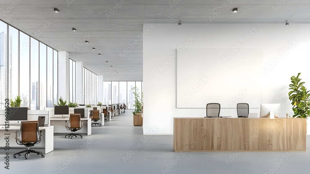 Aufkleber Spacious and Minimalist Modern Office Workspace with Neatly Arranged Workstations Featuring Ergonomic Chairs and Minimal Decor in a Professional Corporate Environment